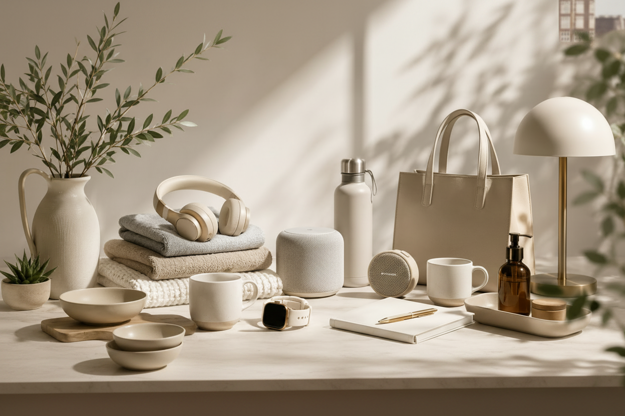 A styled collection of minimalist home and lifestyle items arranged on a table in warm natural light, including a cream tote bag, white lamp, ceramic mug, folded towels, headphones, water bottle, candle, notebook, and small amber bottle.